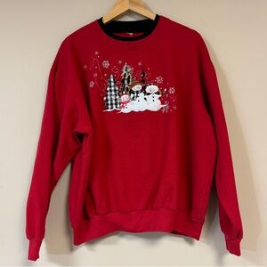 Red Snowman Sweatshirt Women’s Large Winter Snow Scene Trees Gem Cozy Warm Plaid